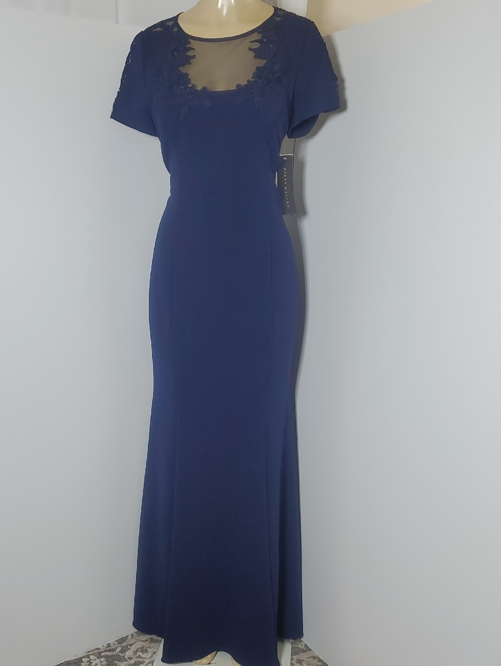 NWT Aidan Mattox Embellished Crewneck Elegant Navy Maxi Dress Size 14